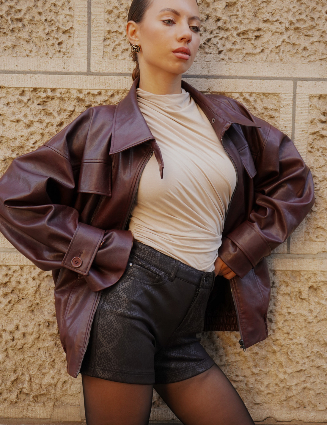 Vegan leather city jacket / 葡萄茶(burgundy)