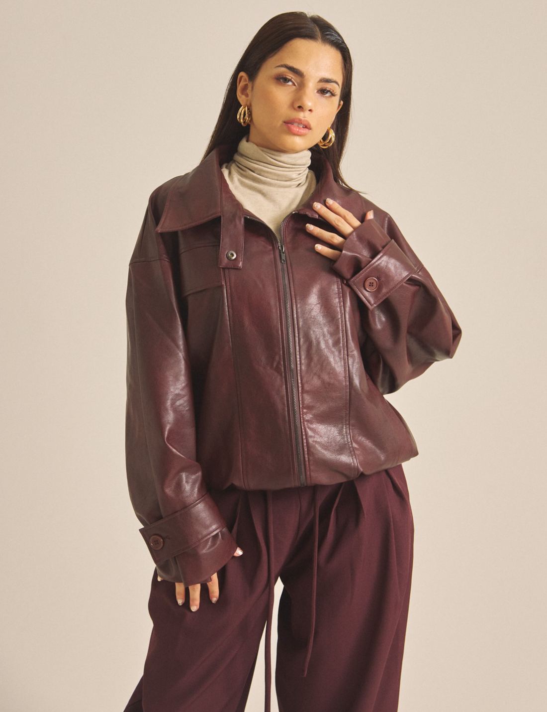 Vegan leather city jacket / 葡萄茶(burgundy)