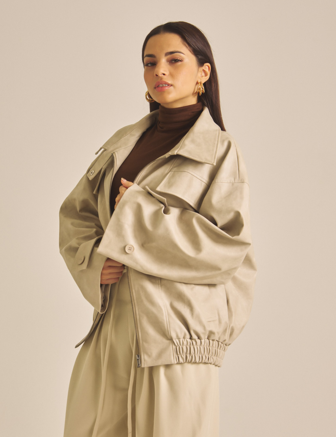 Vegan leather city jacket / 白花(ivory)