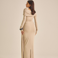 Elegant Draped Padded Dress / 亜麻色(greige)