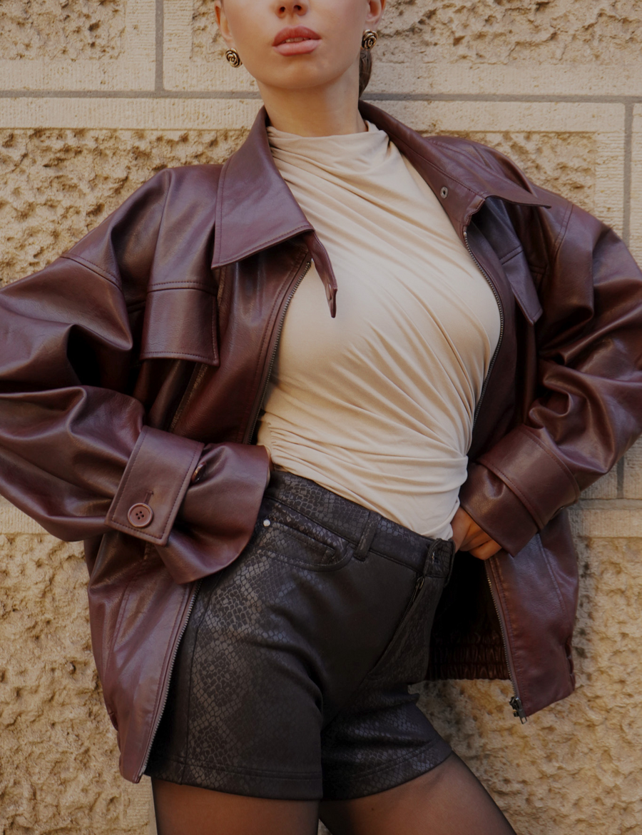 【10月中旬発送】Vegan leather city jacket / 葡萄茶(burgundy)