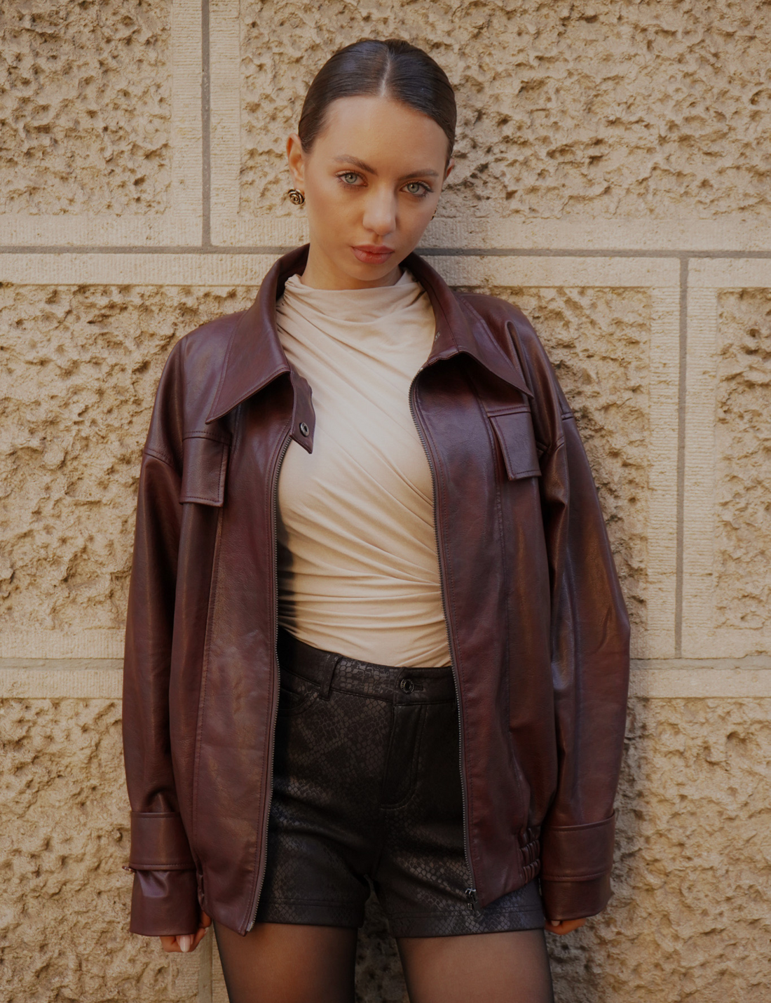 【10月中旬発送】Vegan leather city jacket / 葡萄茶(burgundy)