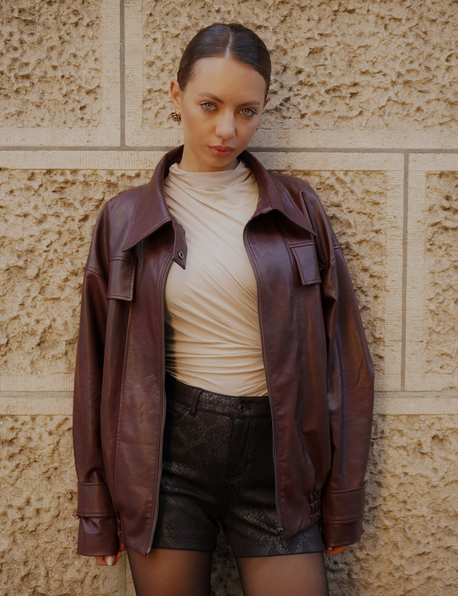 【10月中旬発送】Vegan leather city jacket / 葡萄茶(burgundy)