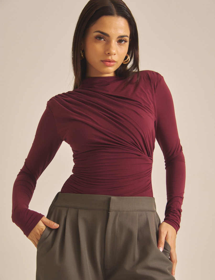 Elegant Draped Padded Long Sleeve / 葡萄茶(burgundy)