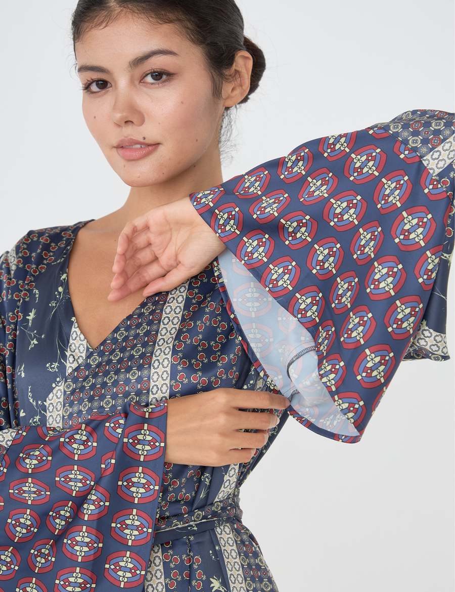 Oriental Silky Kimono Culotte Dress / Navy