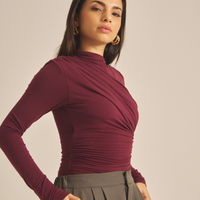 Elegant Draped Padded Long Sleeve / 葡萄茶(burgundy)