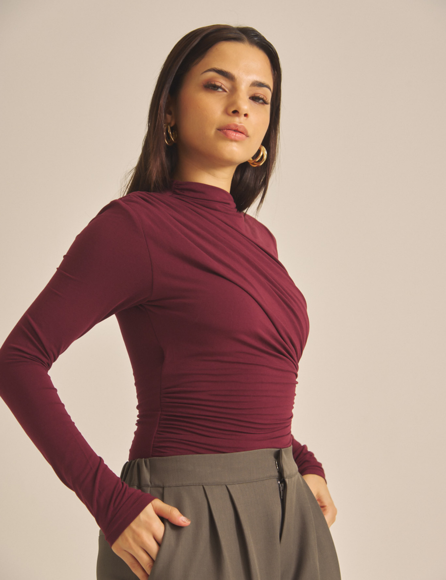 Elegant Draped Padded Long Sleeve / 葡萄茶(burgundy)