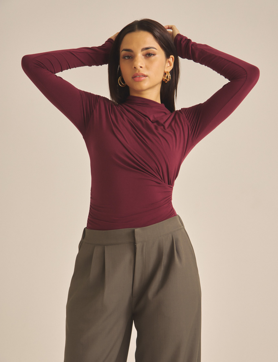 Elegant Draped Padded Long Sleeve / 葡萄茶(burgundy)