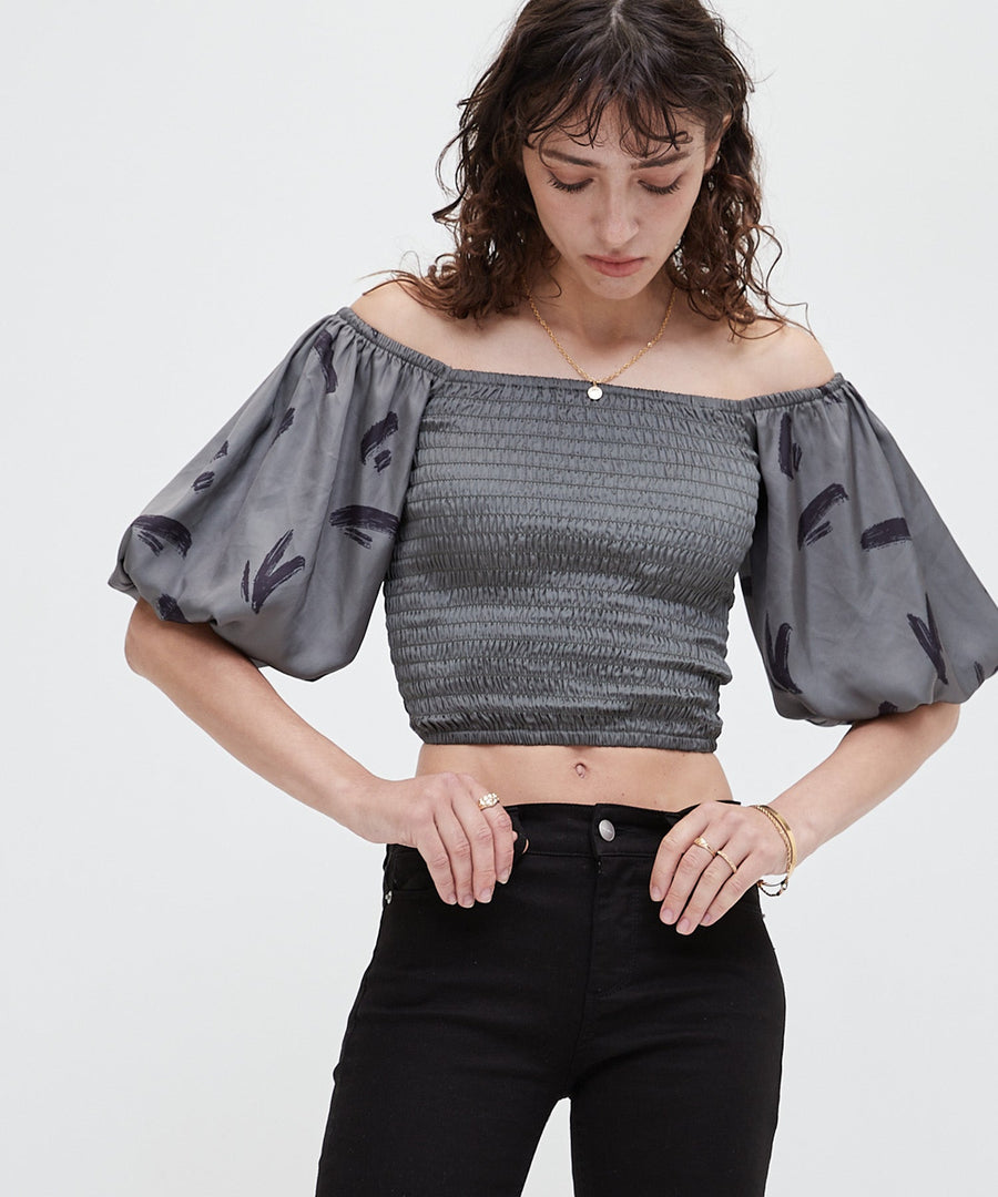 two way silky balloon sleeve top / 薄墨(gray)