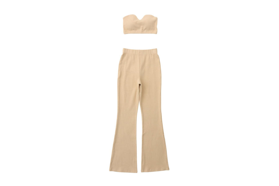 rib fit flare pants with bandeau set / beige