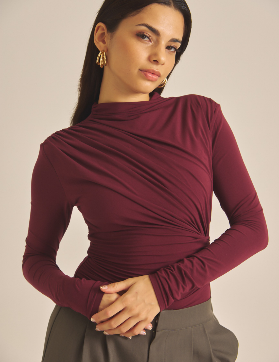 Elegant Draped Padded Long Sleeve / 葡萄茶(burgundy)