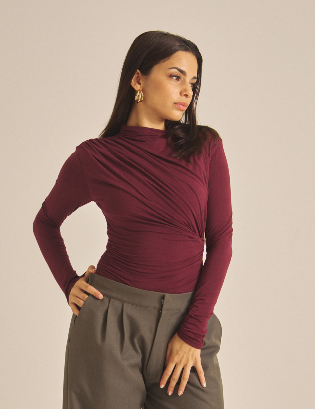 Elegant Draped Padded Long Sleeve / 葡萄茶(burgundy)