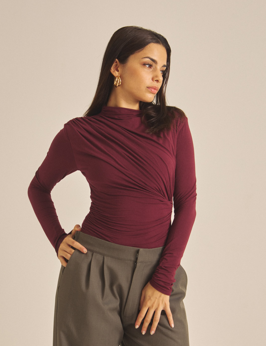 Elegant Draped Padded Long Sleeve / 葡萄茶(burgundy)