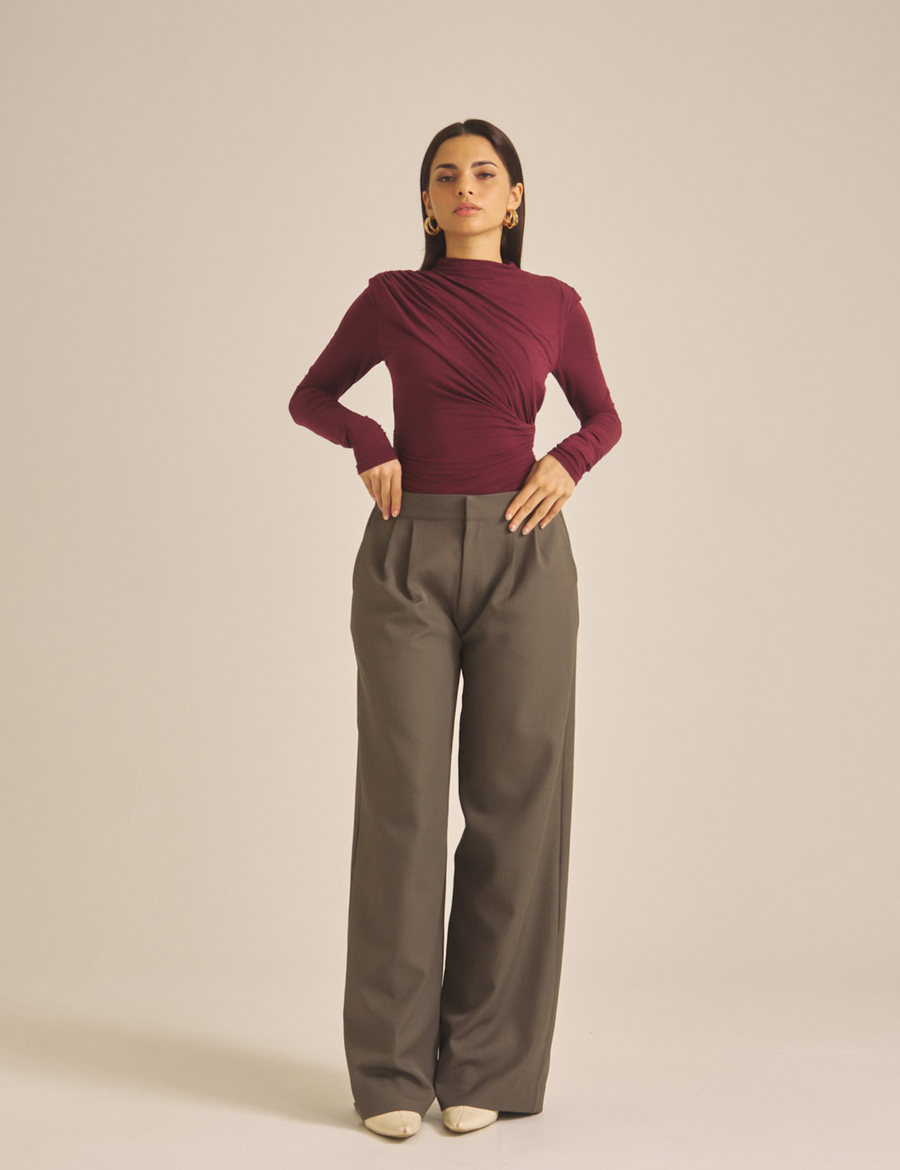 Elegant Draped Padded Long Sleeve / 葡萄茶(burgundy)