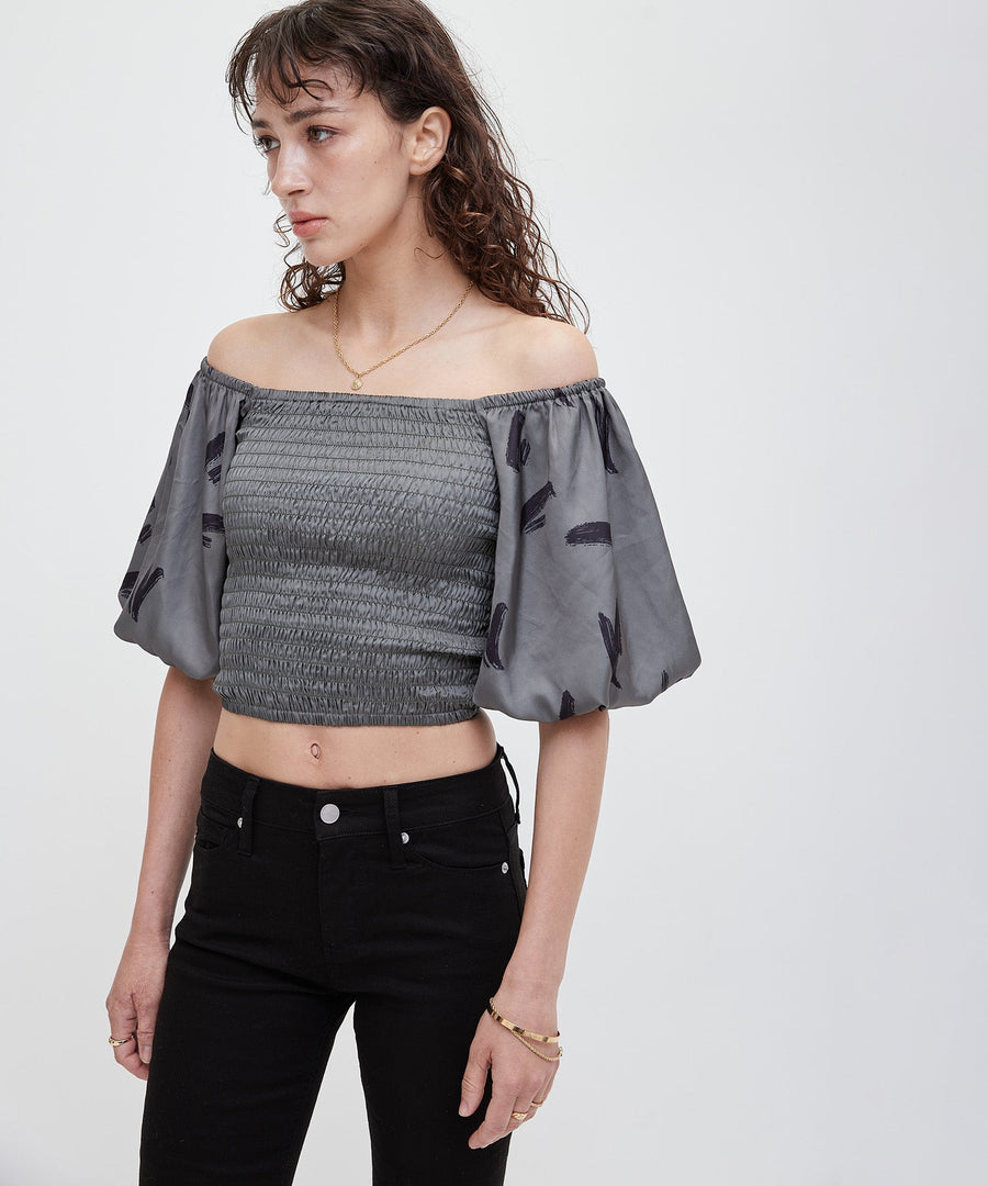 two way silky balloon sleeve top / 薄墨(gray)
