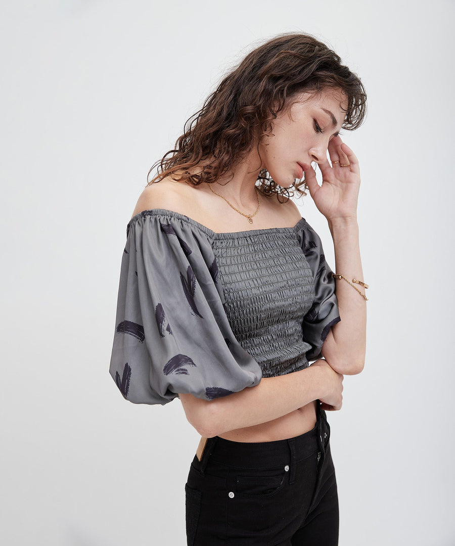 two way silky balloon sleeve top / 薄墨(gray)