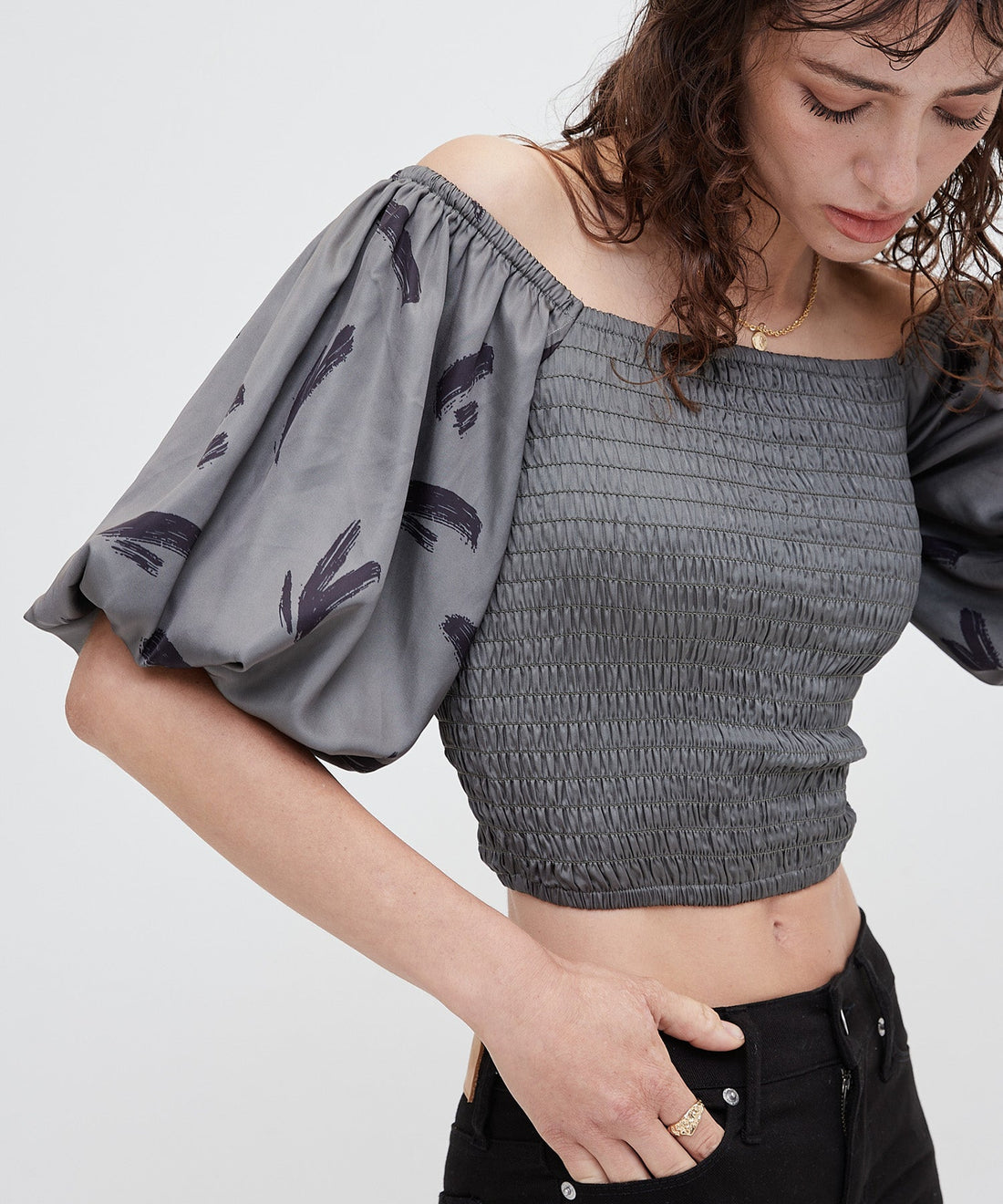 two way silky balloon sleeve top / 薄墨(gray)