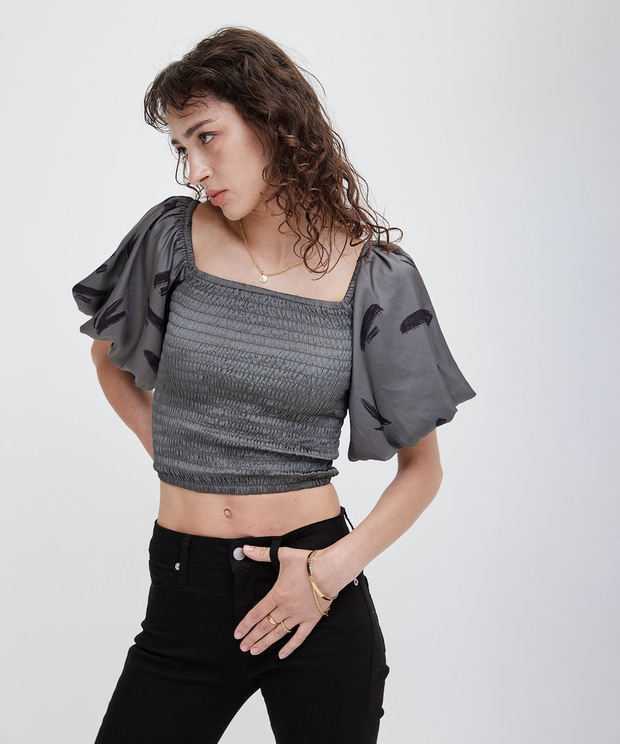 two way silky balloon sleeve top / 薄墨(gray)