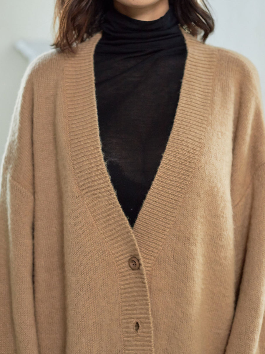 reversible V-neck knit cardigan / 白茶(beige × orange)