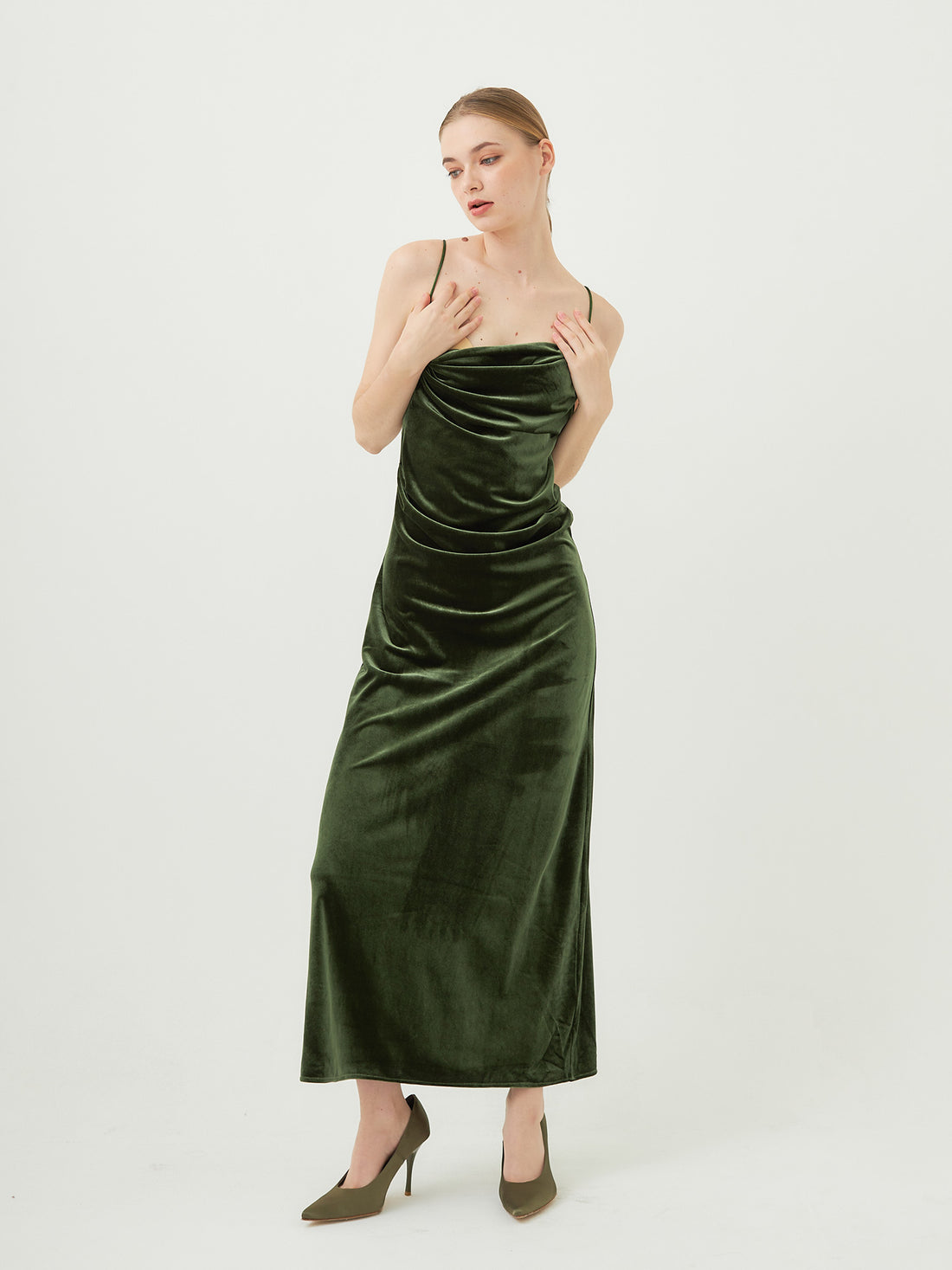 velour elegant draped dress / 松葉(khaki)