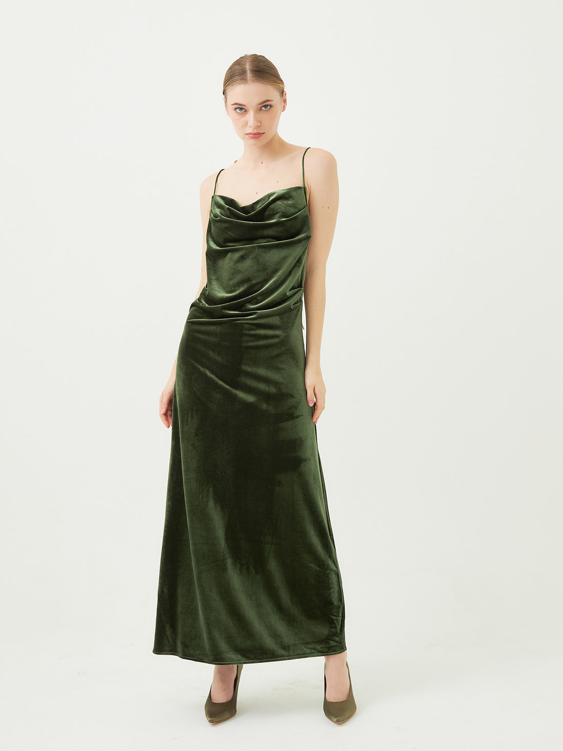 velour elegant draped dress / 松葉(khaki)