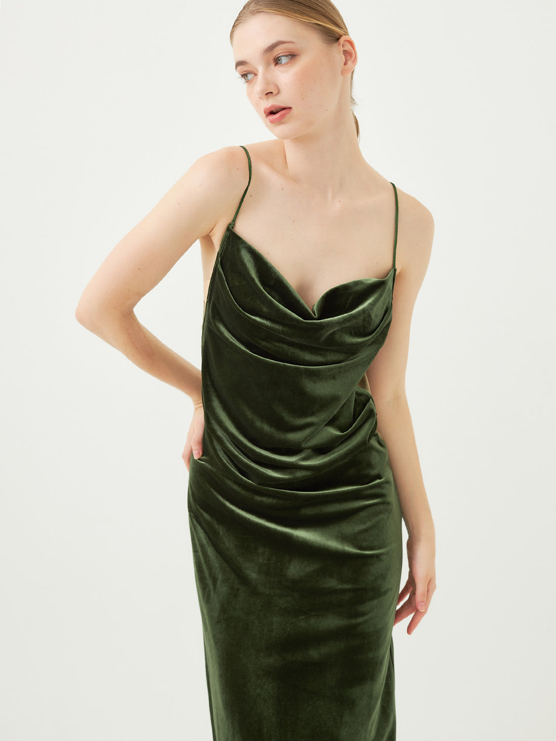 velour elegant draped dress / 松葉(khaki)