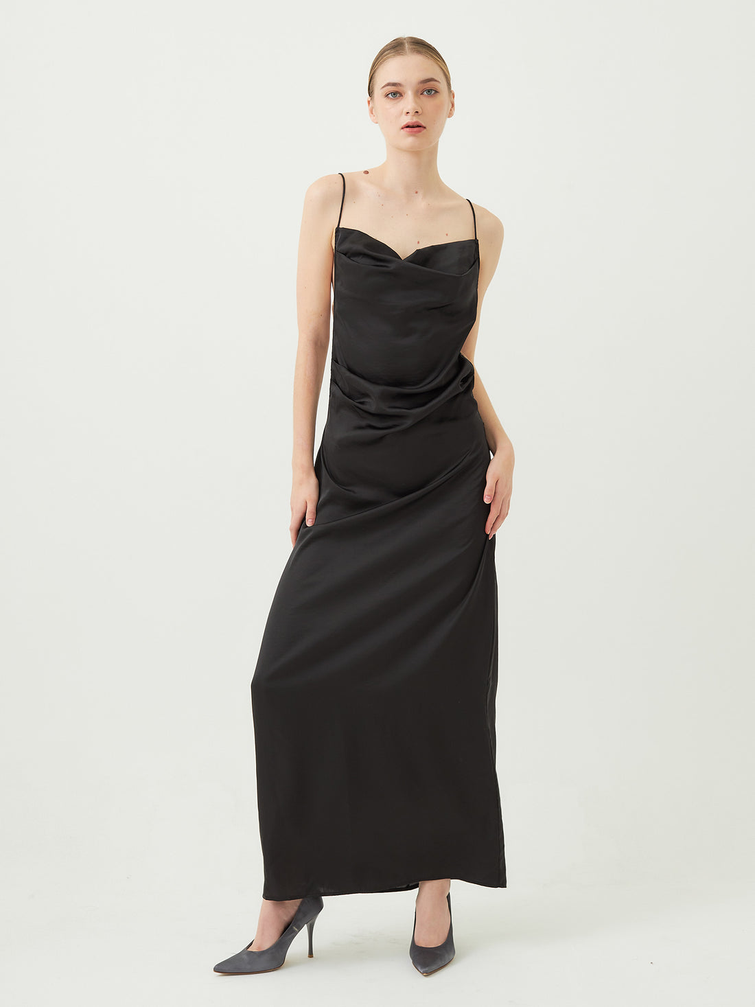 satin elegant draped dress / 墨(black)