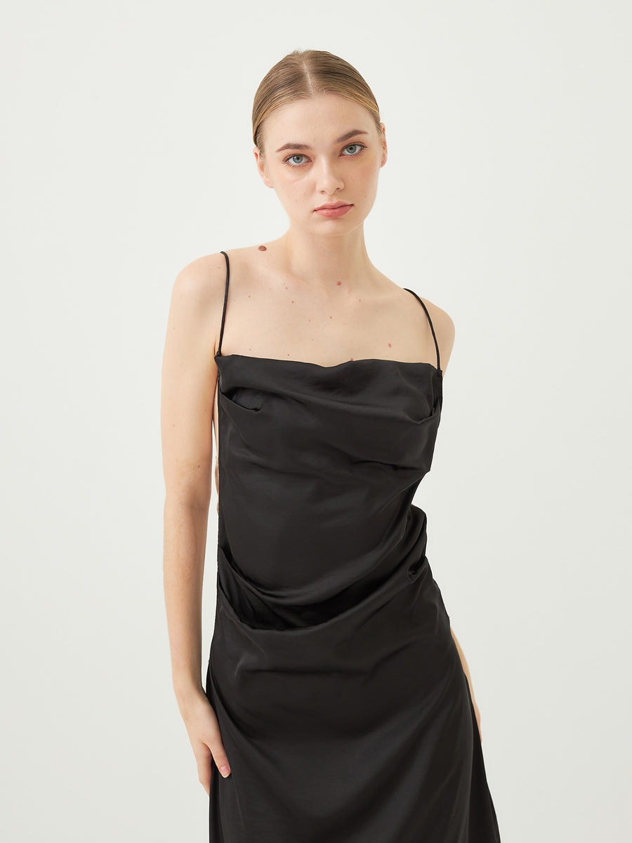 satin elegant draped dress / 墨(black)