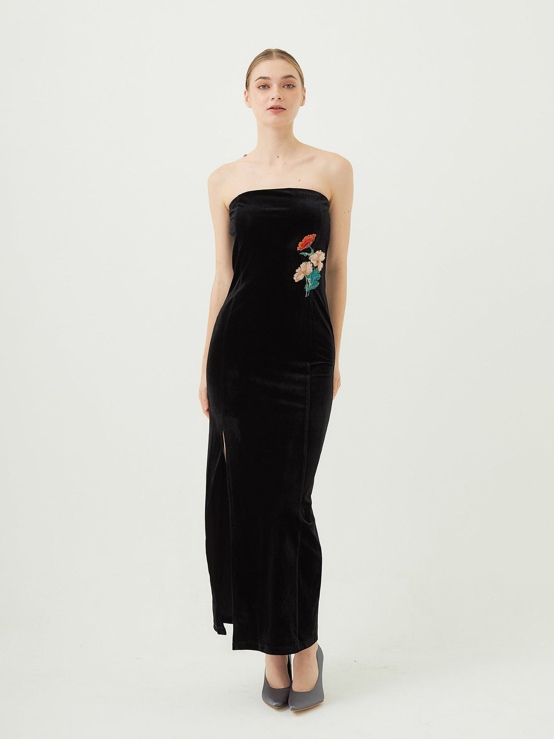 velour slit maxi dress / 墨(black)