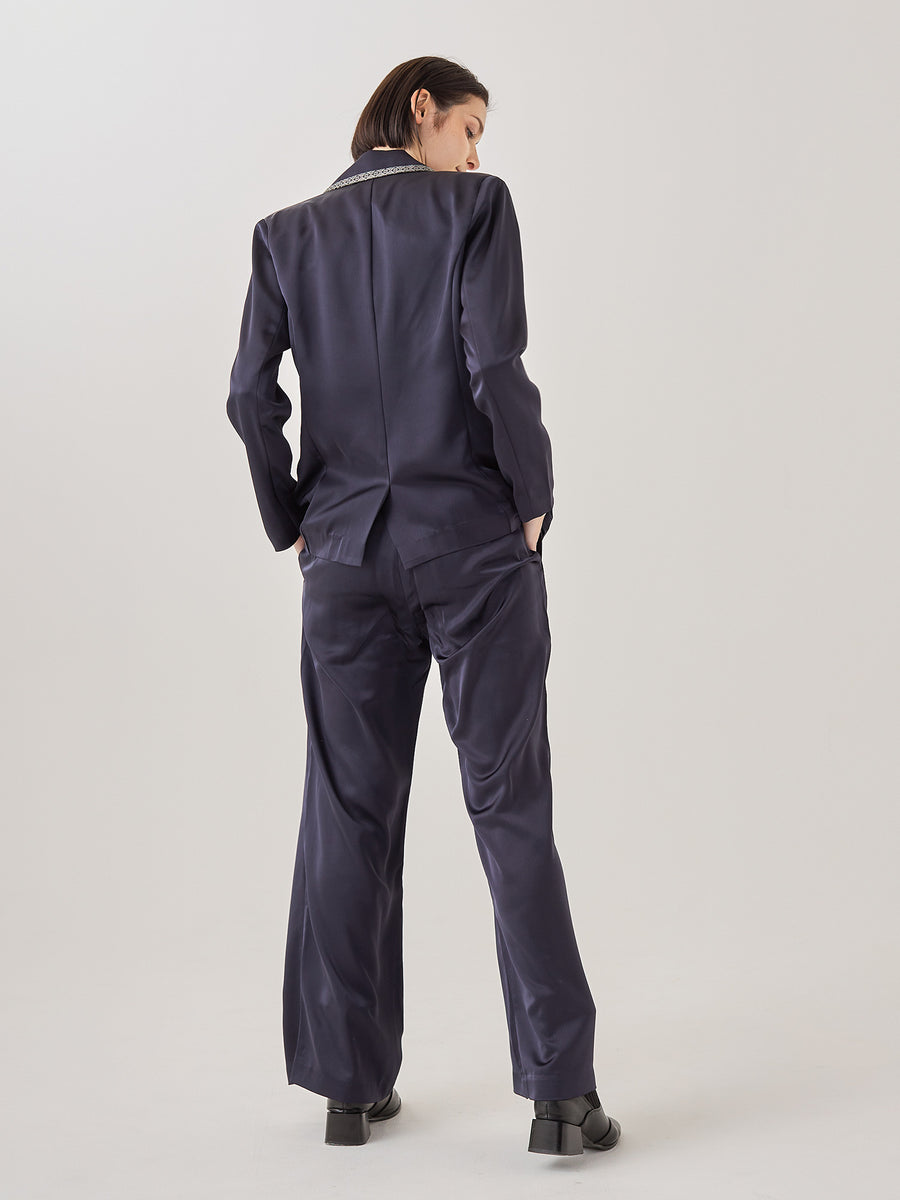 wagara tailored satin suit pants / 濃藍(navy)
