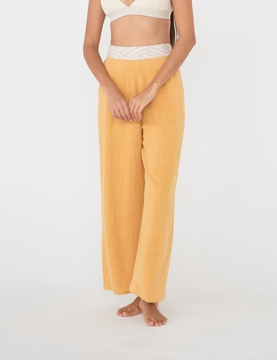 soft linen wide pants / flower leaves (yellow)