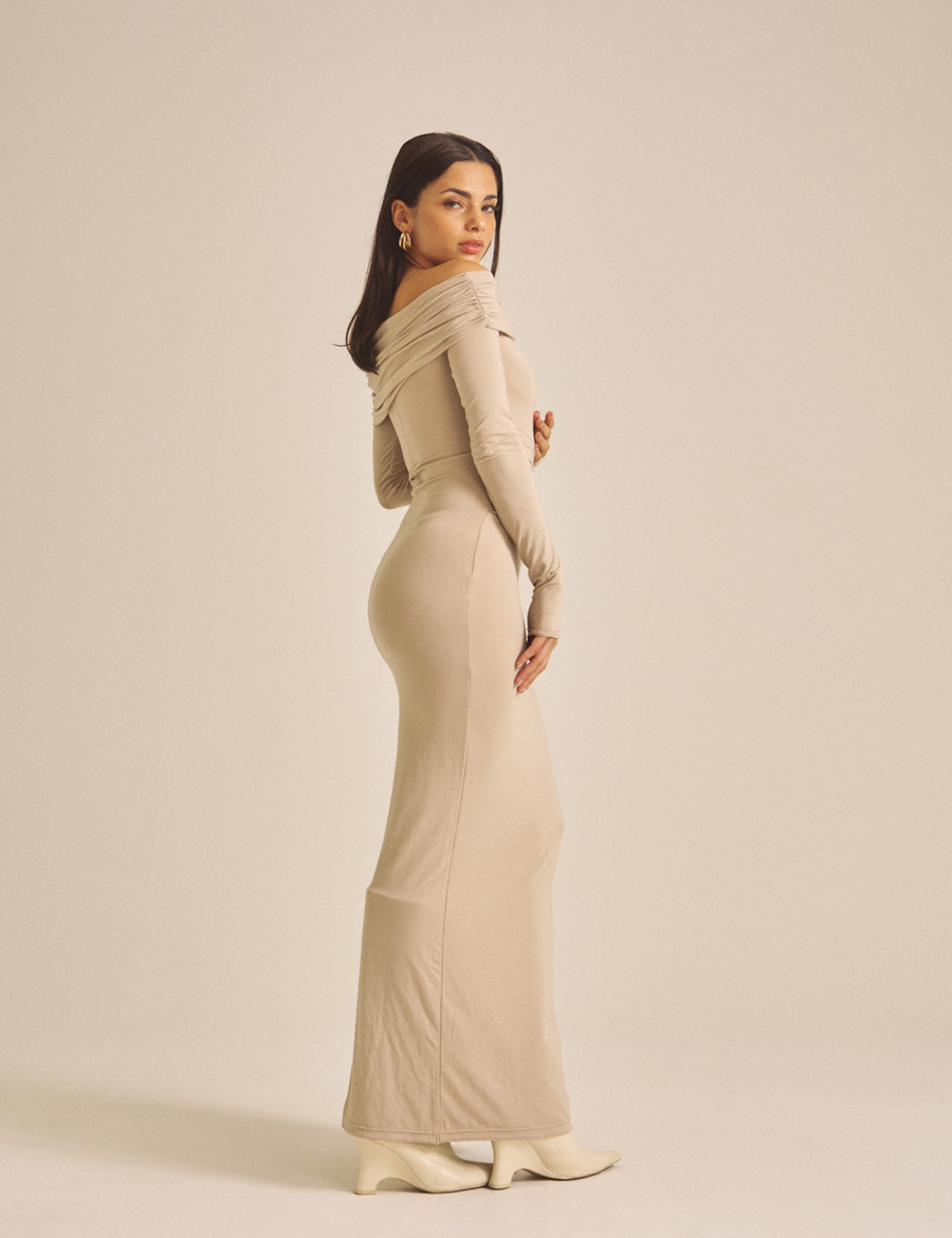 Elegant Draped Padded Dress / 亜麻色(greige)