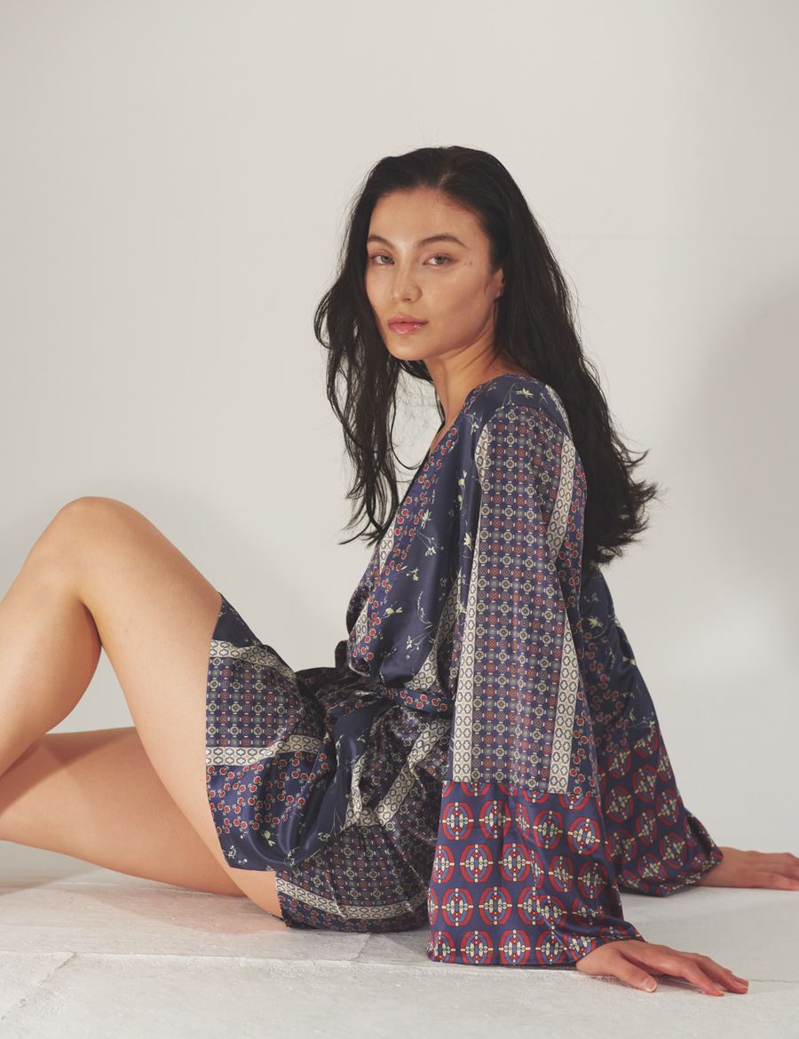 Oriental Silky Kimono Culotte Dress / 濃藍(navy)