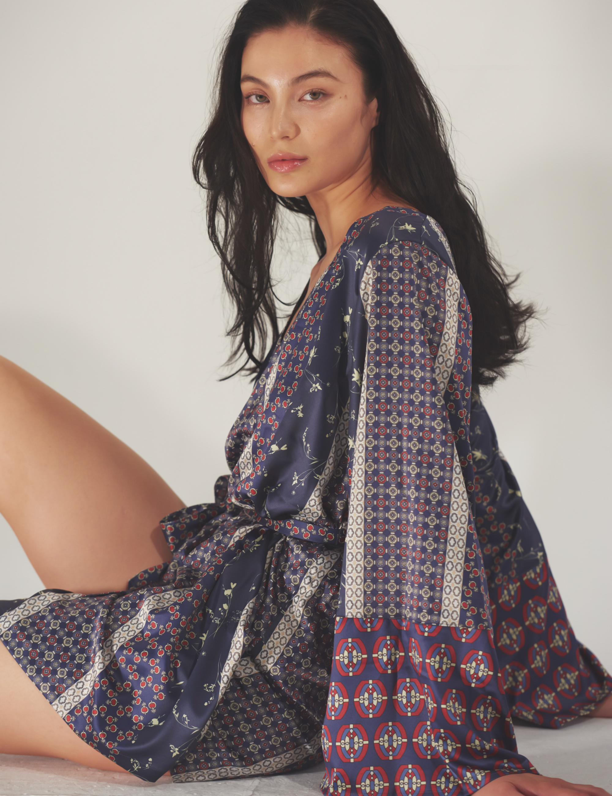 Oriental Silky Kimono Culotte Dress / Navy