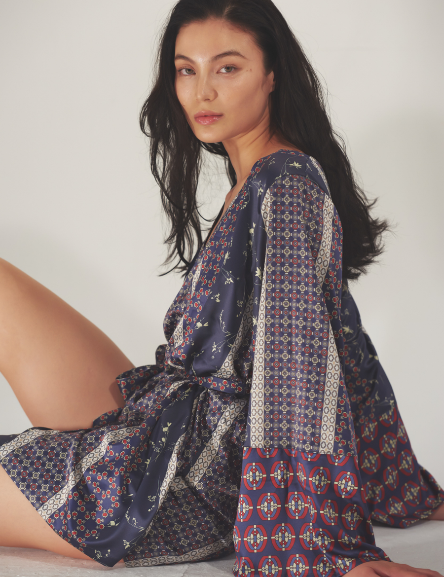 Oriental Silky Kimono Culotte Dress / 濃藍(navy)