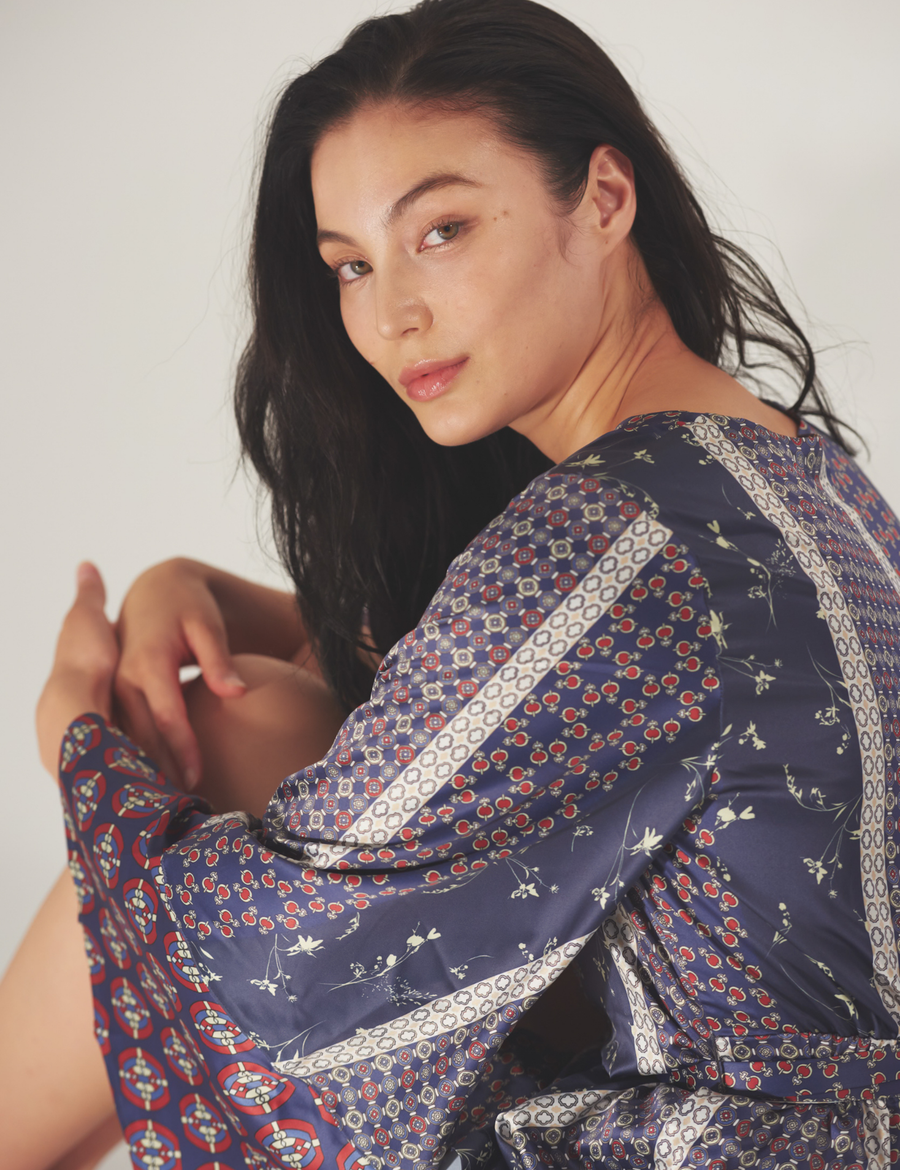 Oriental Silky Kimono Culotte Dress / 濃藍(navy)
