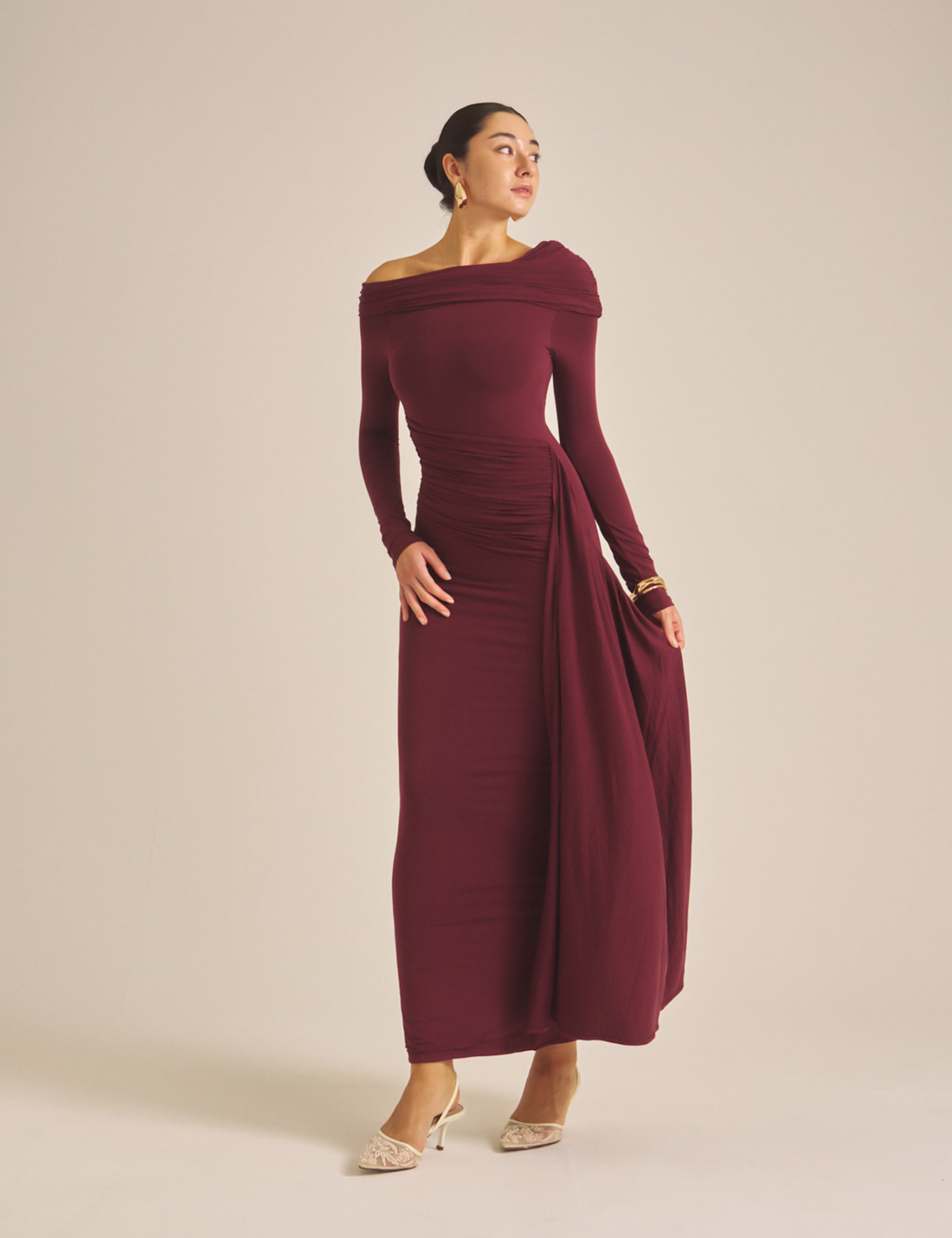 Elegant Draped Padded Dress / 葡萄茶(burgundy)