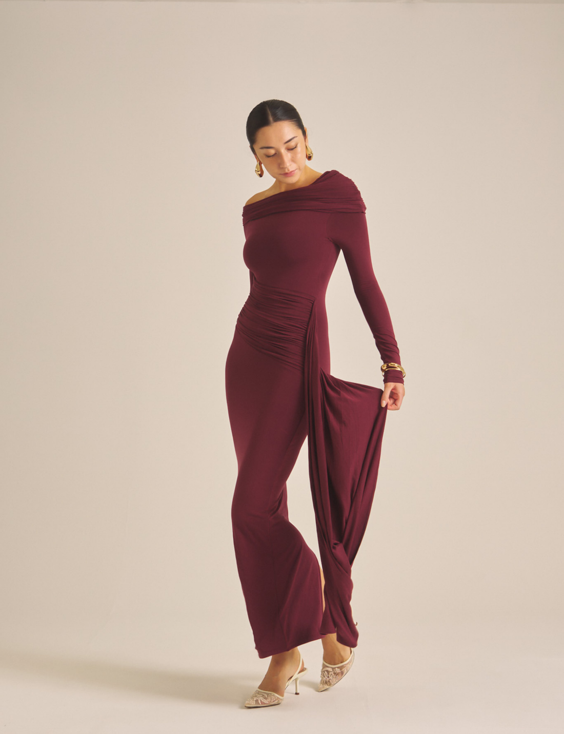 Elegant Draped Padded Dress / 葡萄茶(burgundy)