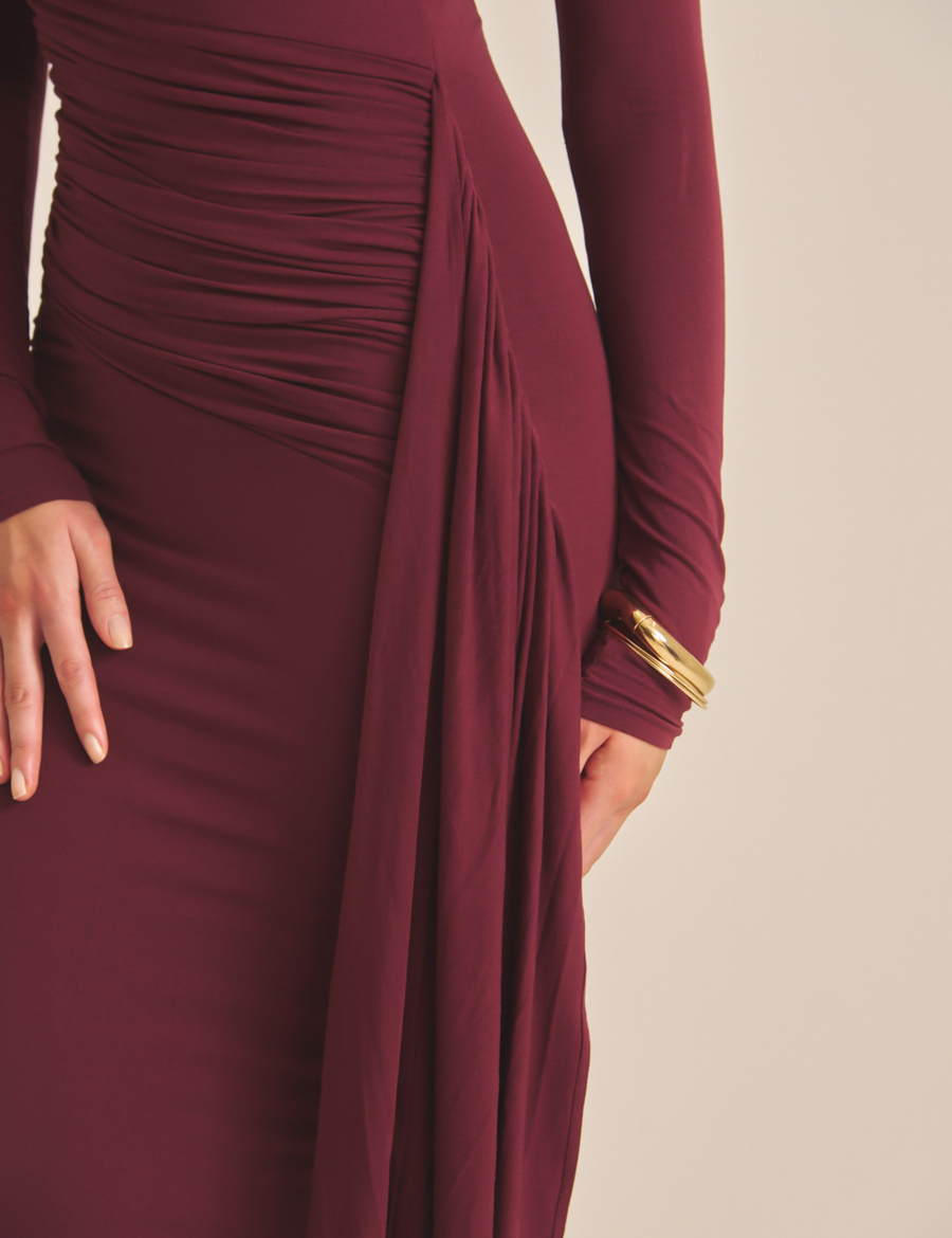 Elegant Draped Padded Dress / 葡萄茶(burgundy)