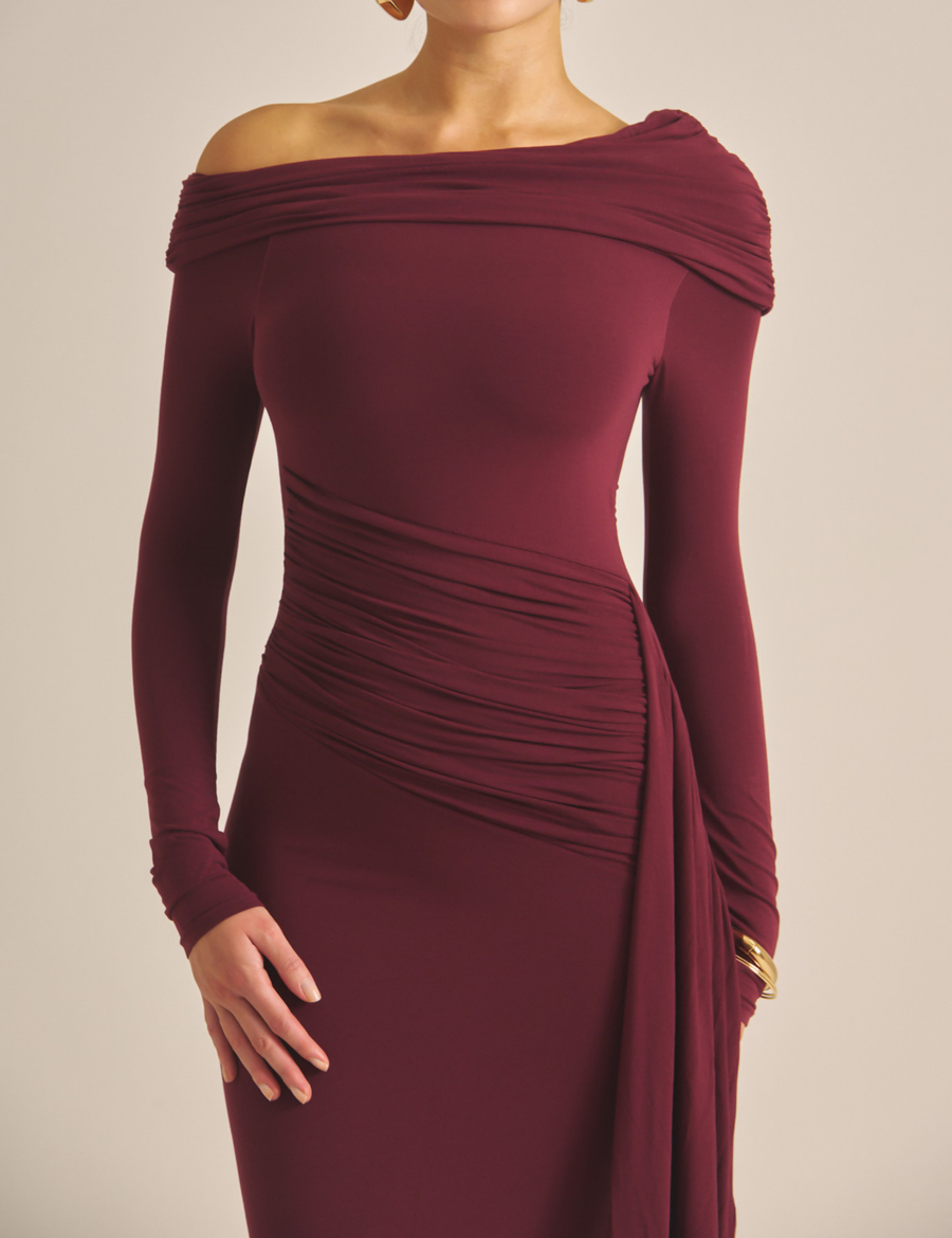 Elegant Draped Padded Dress / 葡萄茶(burgundy)