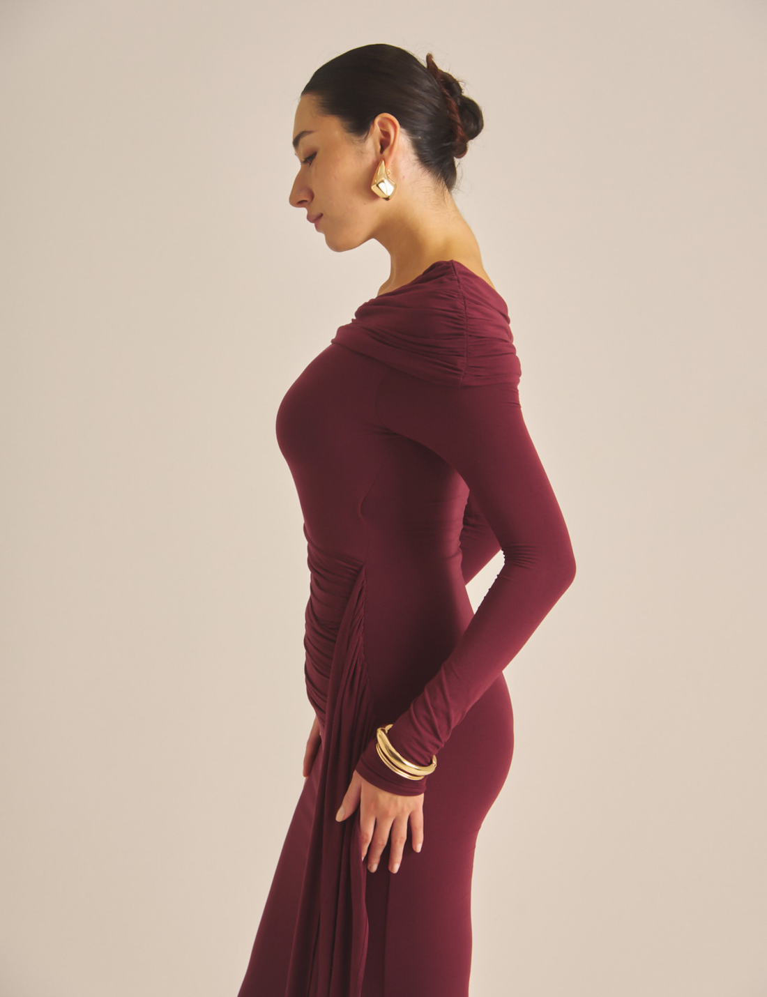 Elegant Draped Padded Dress / 葡萄茶(burgundy)