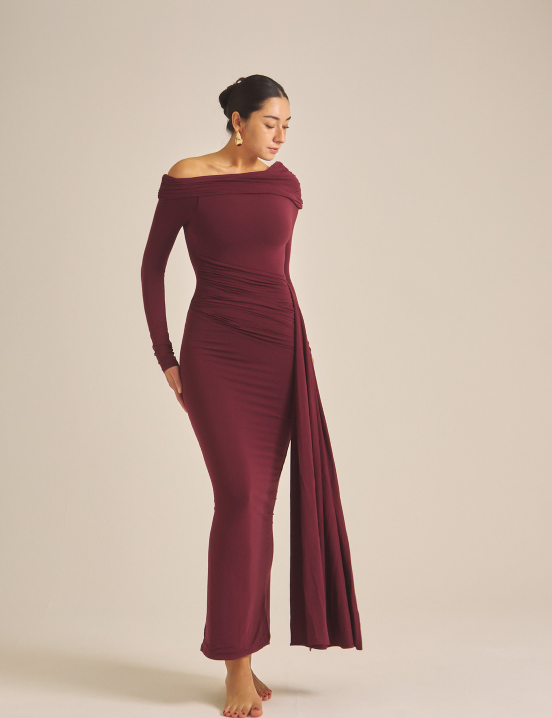 Elegant Draped Padded Dress / 葡萄茶(burgundy)