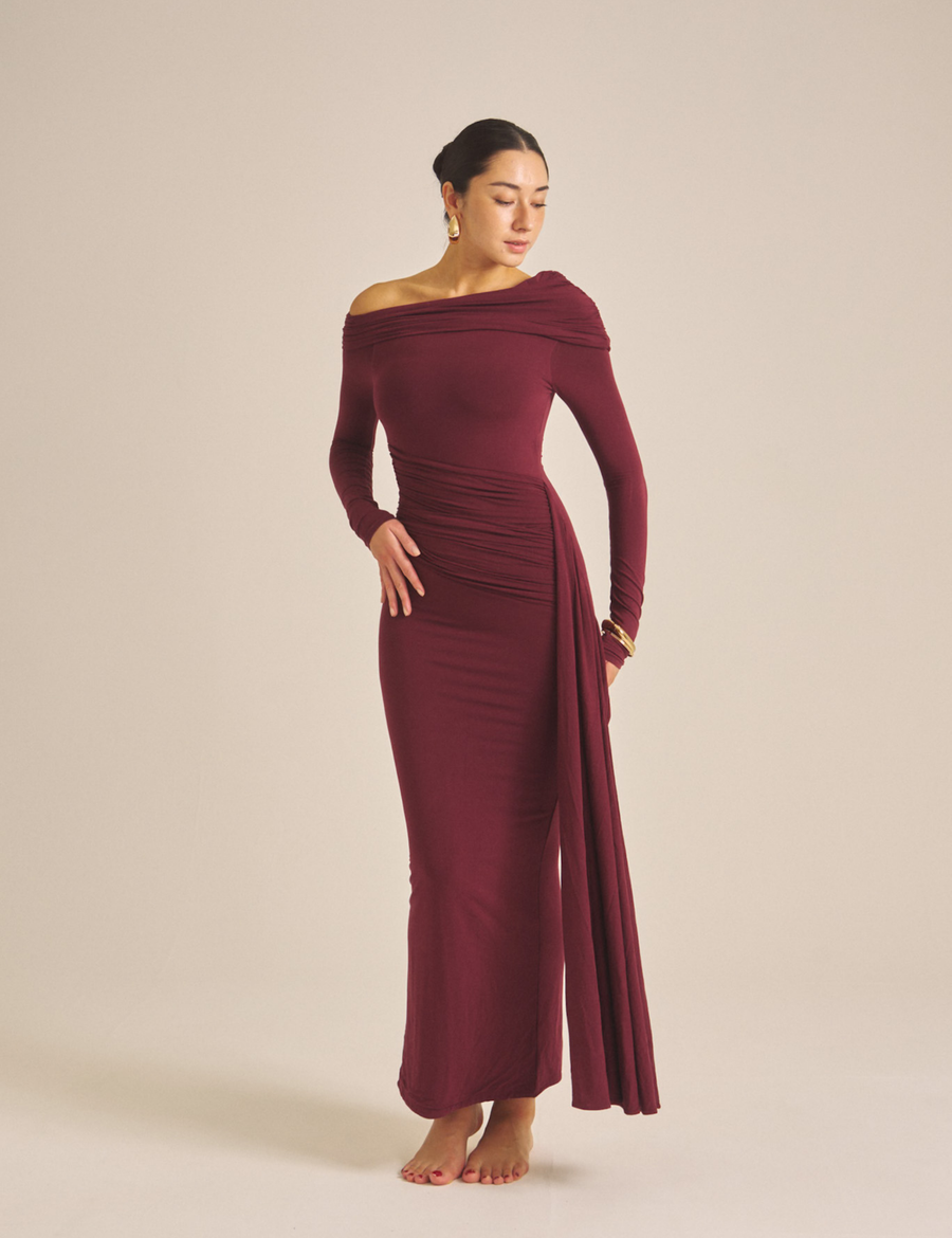 Elegant Draped Padded Dress / 葡萄茶(burgundy)