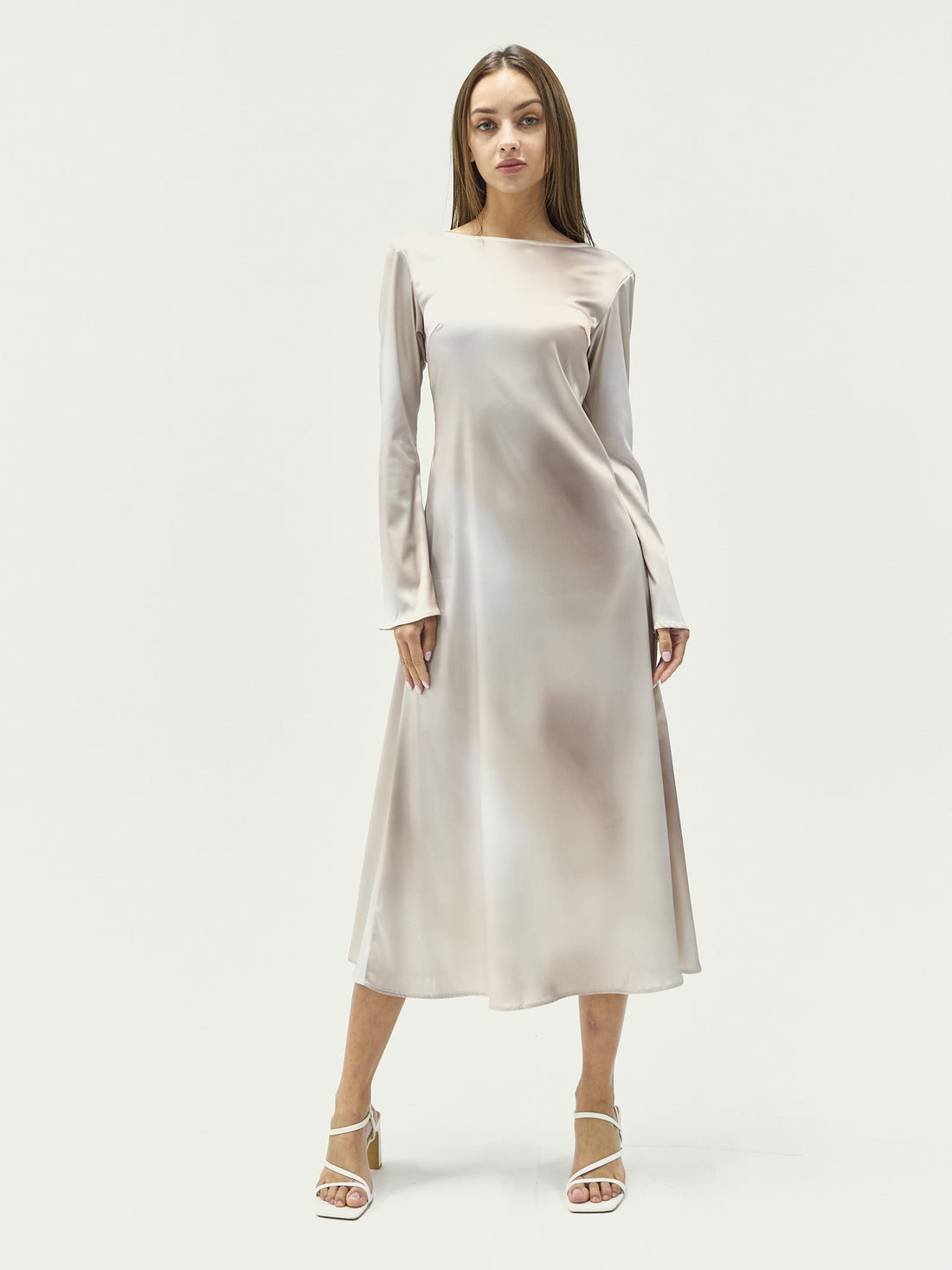 satin back open maxi dress / flax (beige)