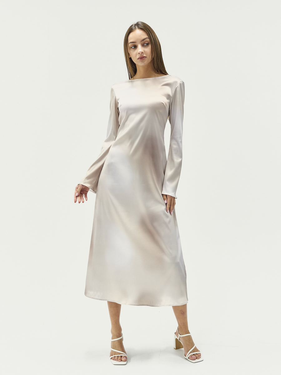 satin back open maxi dress / flax (beige)