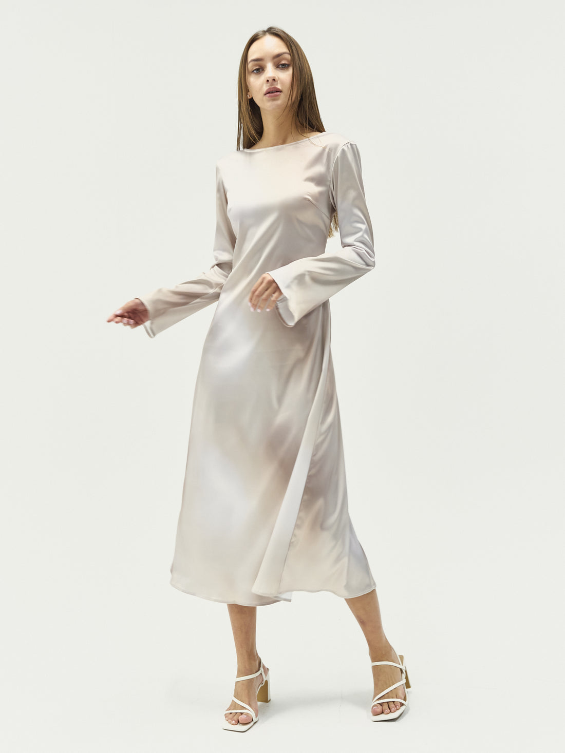 satin back open maxi dress / flax (beige)