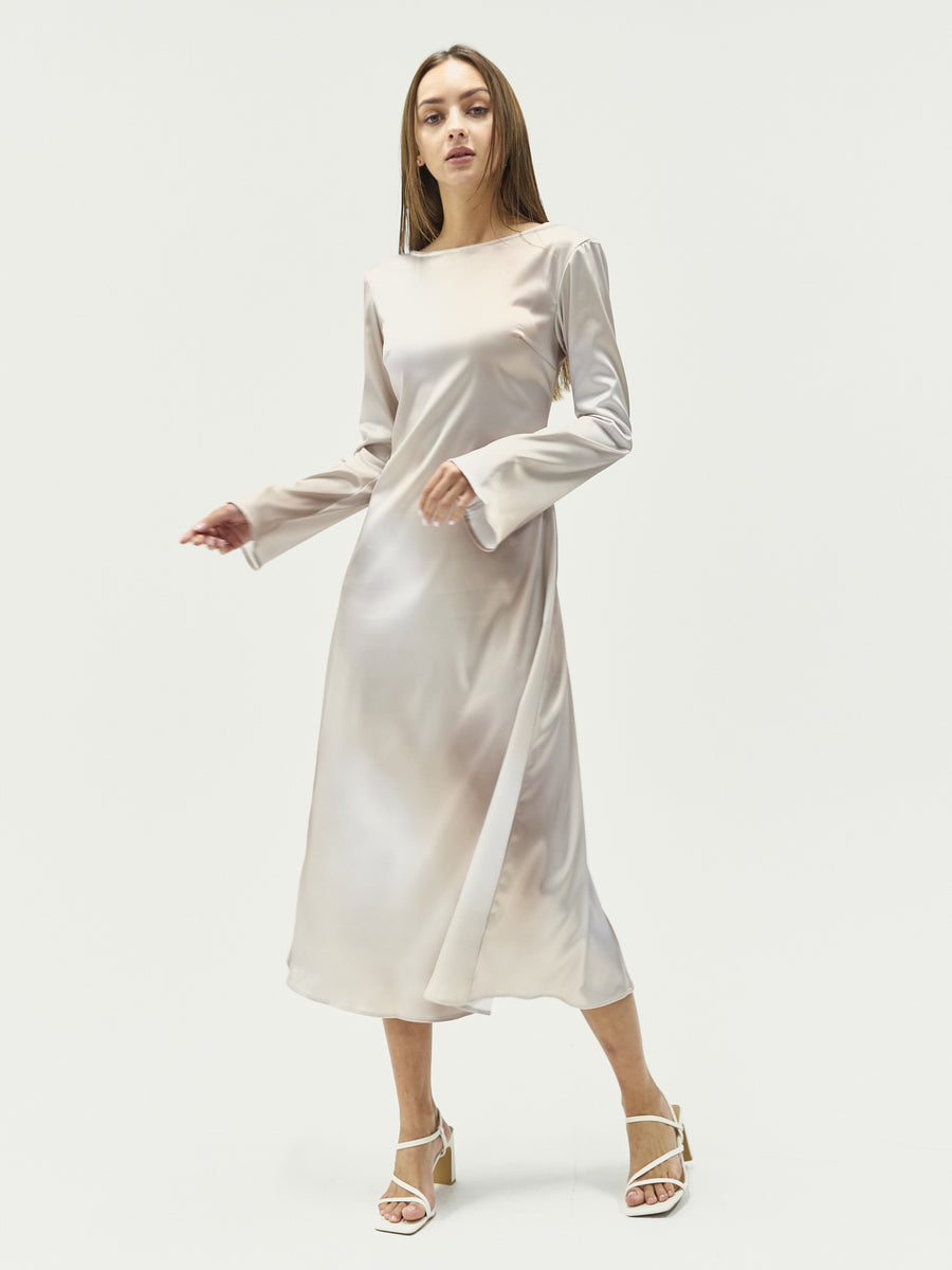 satin back open maxi dress / flax (beige)