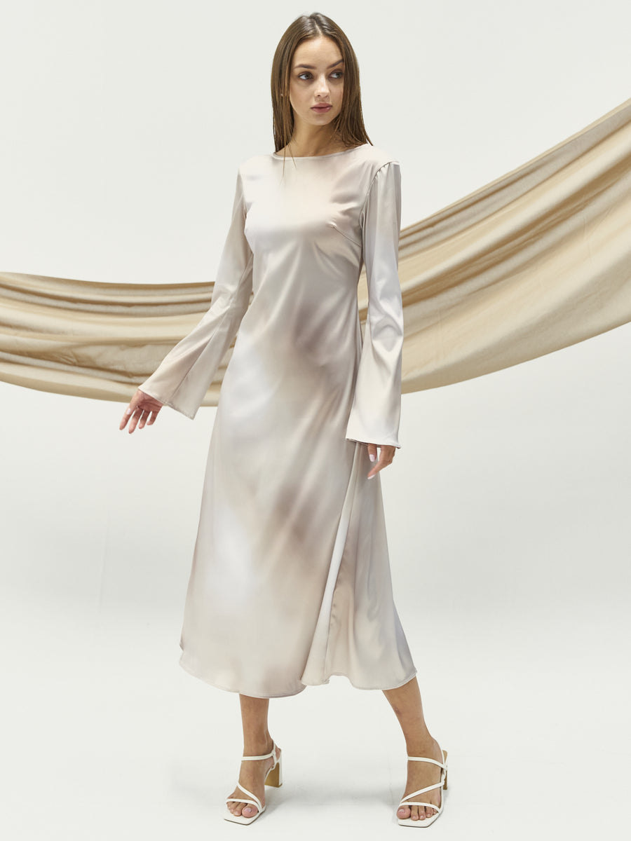 satin back open maxi dress / flax (beige)