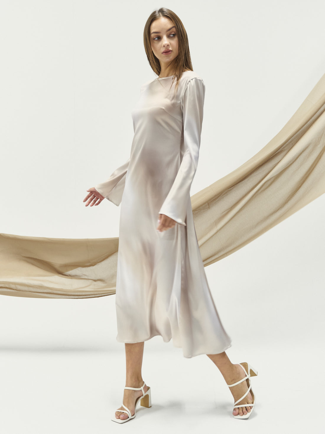 satin back open maxi dress / flax (beige)