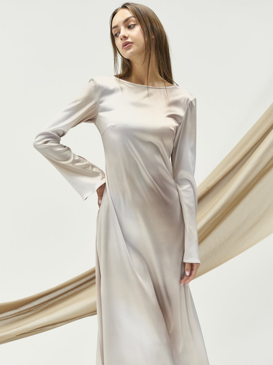 satin back open maxi dress / flax (beige)